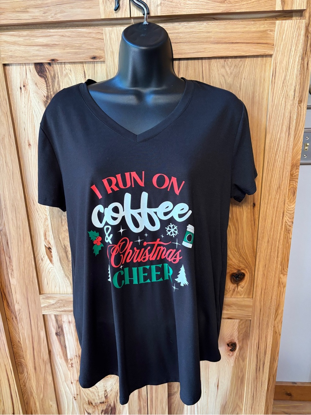 Freshman Black V-Neck 'I Run On Coffee & Christmas Cheer' Tee